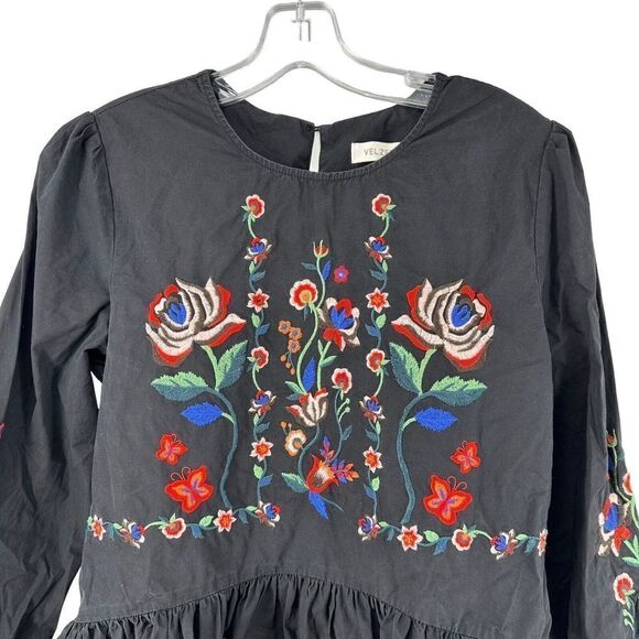 Velzera Mini Dress Black Heavily Embroidered Long Sleeve Bohemian Size S Floral - Picture 2 of 9